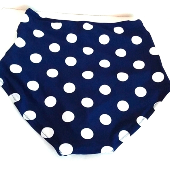 HIGH-WAIST RUCHED BIKINI BOTTOMS NAVY BLUE WHITE POLKADOTS SIZE SMALL NWOT - Picture 4 of 6